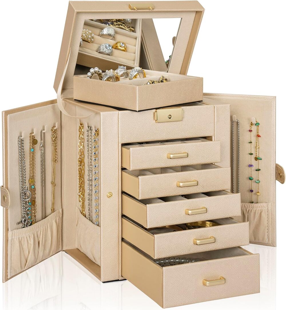 6-Tier Jewelry Box Organizer with Mirror, Color: Champagne-gold